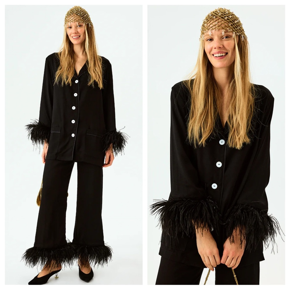 Sleeper Party Pajamas Ostrich Feather Cuff Pj Top In Black